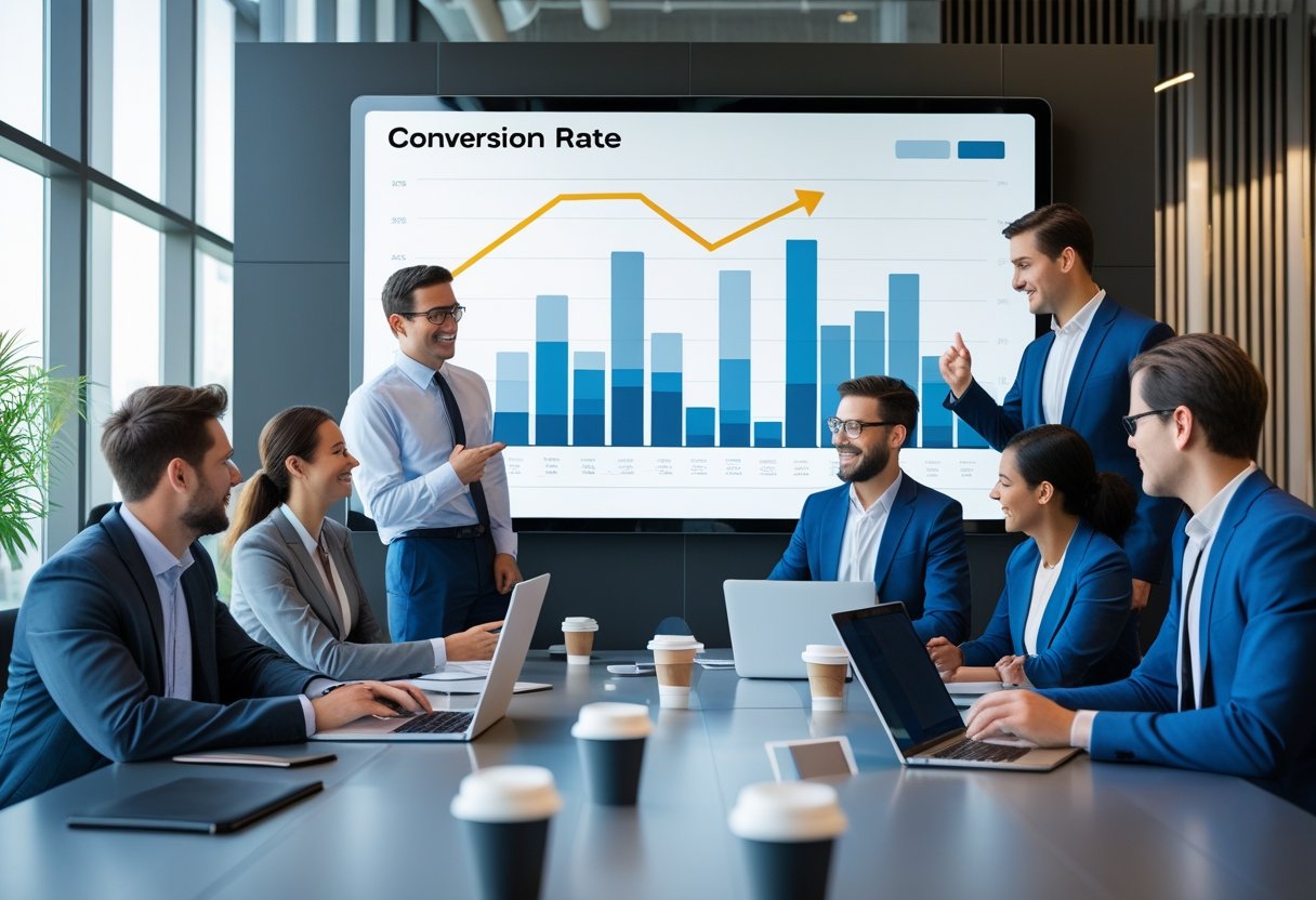 Gesch&auml;ftsleute diskutieren in einem modernen B&uuml;ro vor einem Bildschirm mit Diagrammen und einem aufsteigenden Trend.
