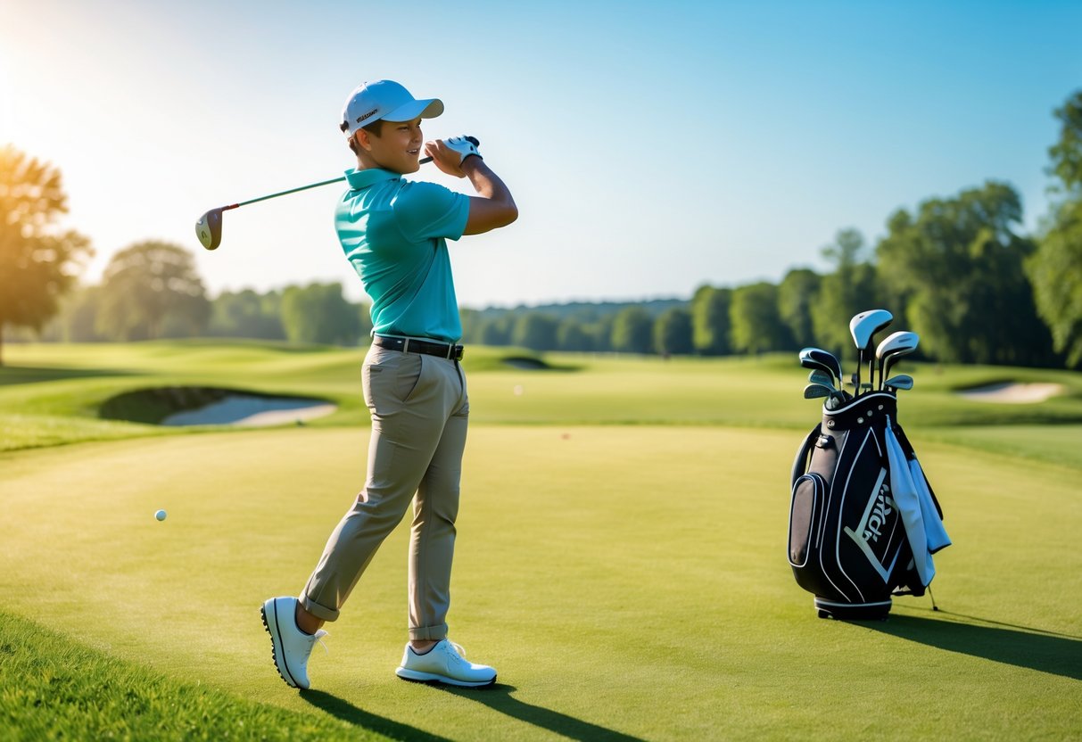A young adult golfer in casual attire swinging a golf club on a sunny golf course with green fairways and trees in the background.