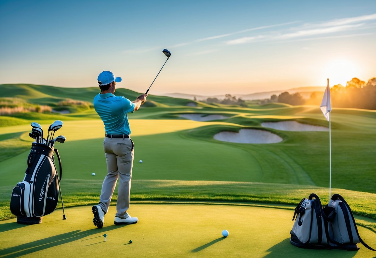 A beginner golfer practicing a golf swing on a green golf course with a golf bag nearby and a flagstick in the distance.