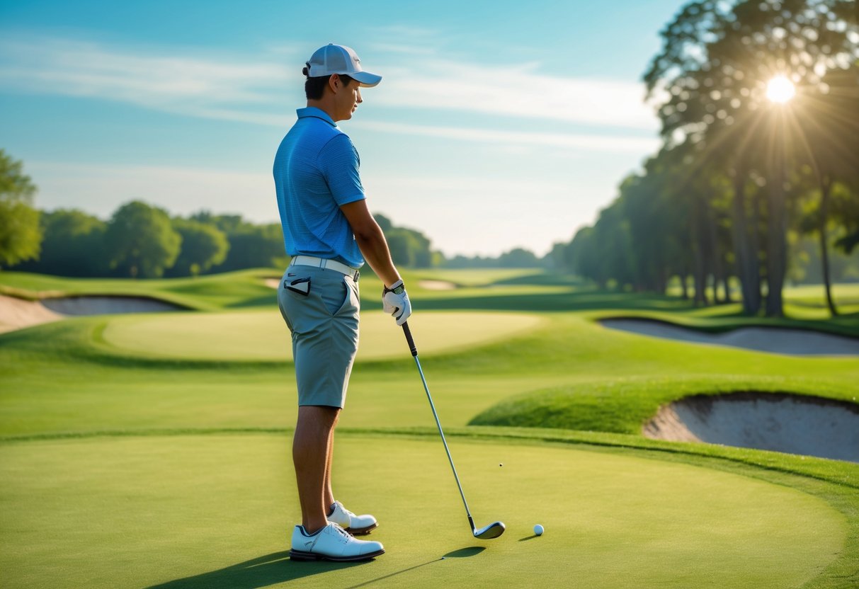 A person preparing to swing a golf club on a green golf course with a clear sky.