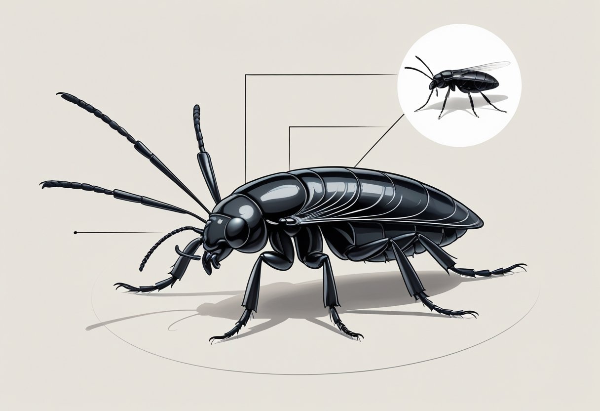 Ilustração detalhada de um pequeno inseto preto parecido com uma pulga, mostrando suas características principais em destaque.