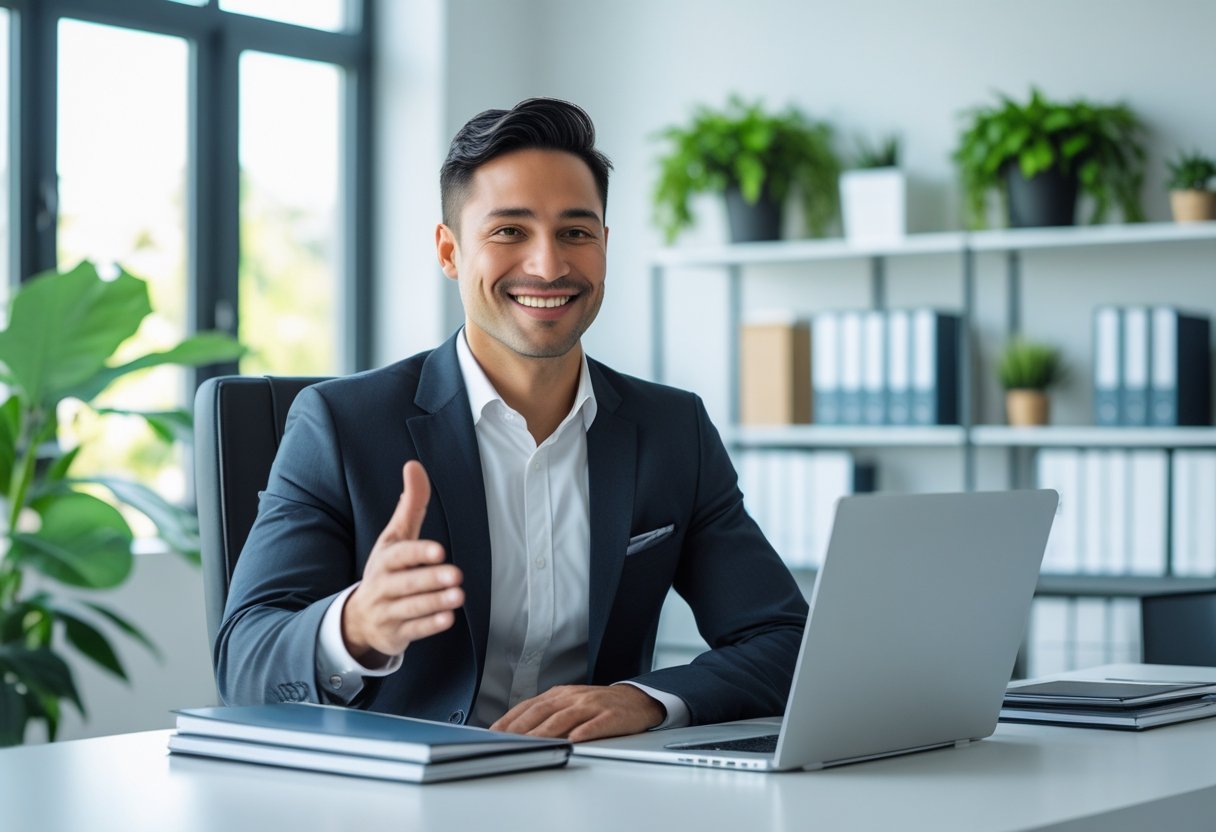 Ein Gesch&auml;ftsmann sitzt an einem Schreibtisch in einem modernen B&uuml;ro und erkl&auml;rt etwas mit einer Handbewegung.