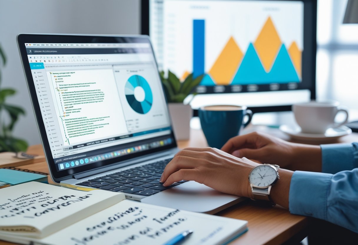 Ein Marketingprofi arbeitet konzentriert an einem Laptop in einem modernen B&uuml;ro, umgeben von Notizb&uuml;chern und einem Kaffeebecher.