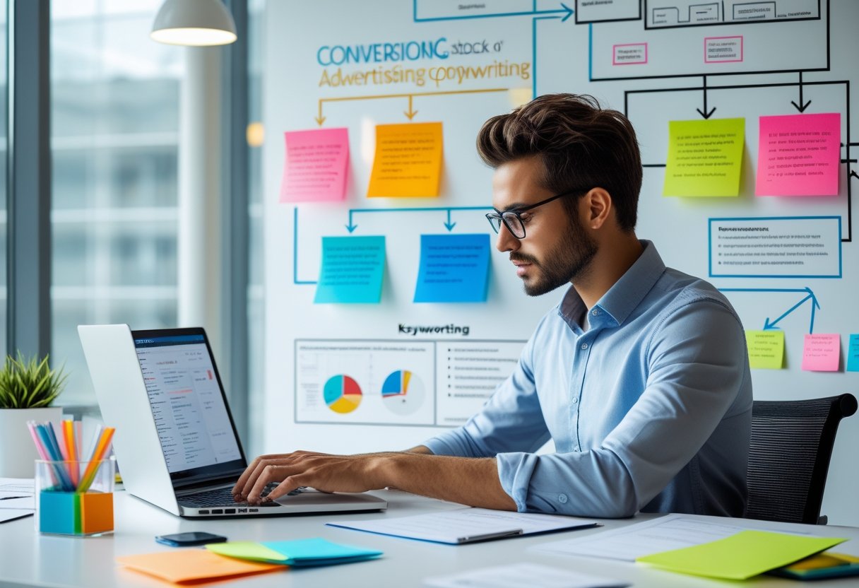 Ein konzentrierter Werbetexter arbeitet an einem Schreibtisch in einem modernen B&uuml;ro mit Notizen und einem Laptop.