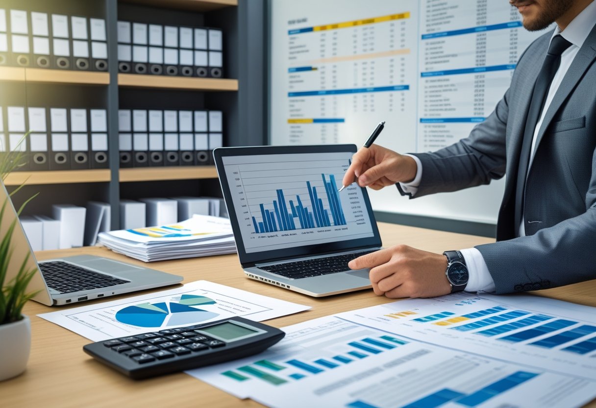 Eine Person sitzt an einem Schreibtisch und berechnet Preise f&uuml;r Mietger&auml;te mit Laptop, Taschenrechner und Dokumenten.