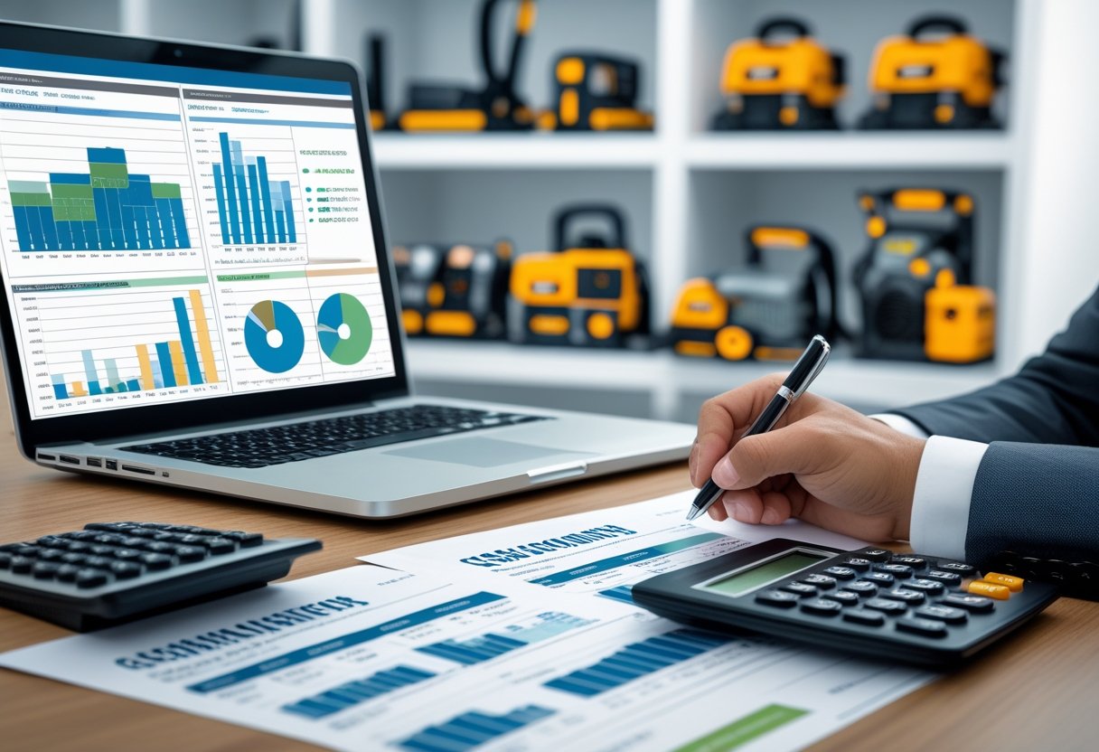 Ein Gesch&auml;ftsmann berechnet Preise f&uuml;r Mietger&auml;te an einem Schreibtisch mit Laptop, Taschenrechner und Dokumenten.