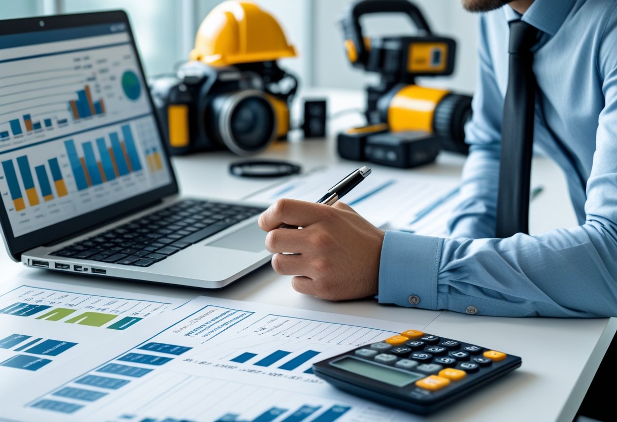 Eine Person in einem B&uuml;ro berechnet Mietpreise f&uuml;r Ausr&uuml;stung mit Laptop, Taschenrechner und Tabellen auf dem Schreibtisch.