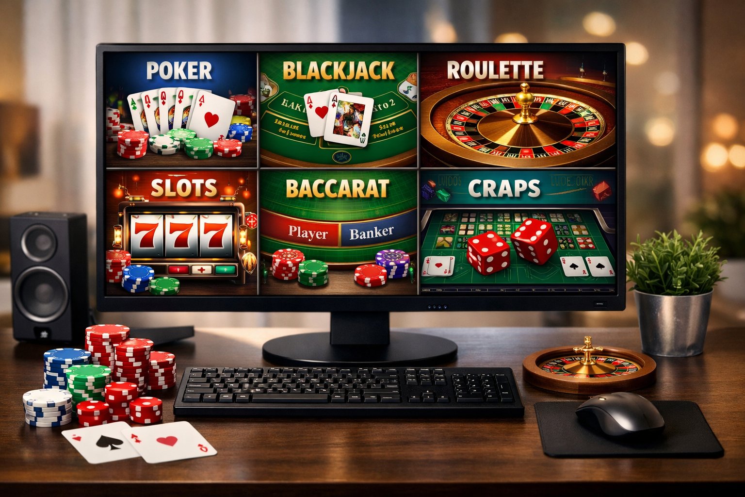 A computer setup displaying seven popular casino games with poker chips, playing cards, dice, and a roulette wheel on the desk.