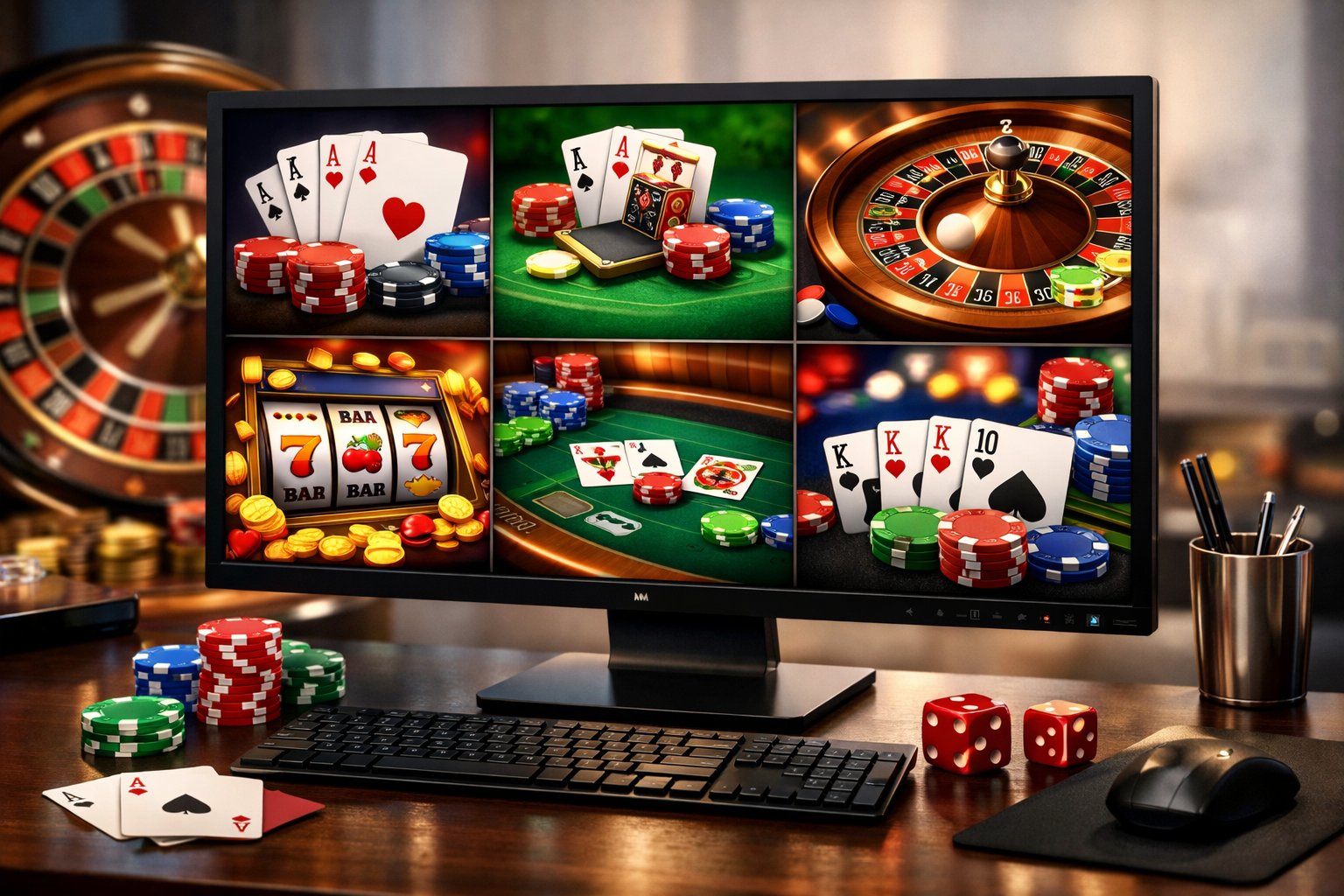 A desktop computer showing colorful casino game graphics with poker chips, playing cards, dice, and a roulette wheel nearby.