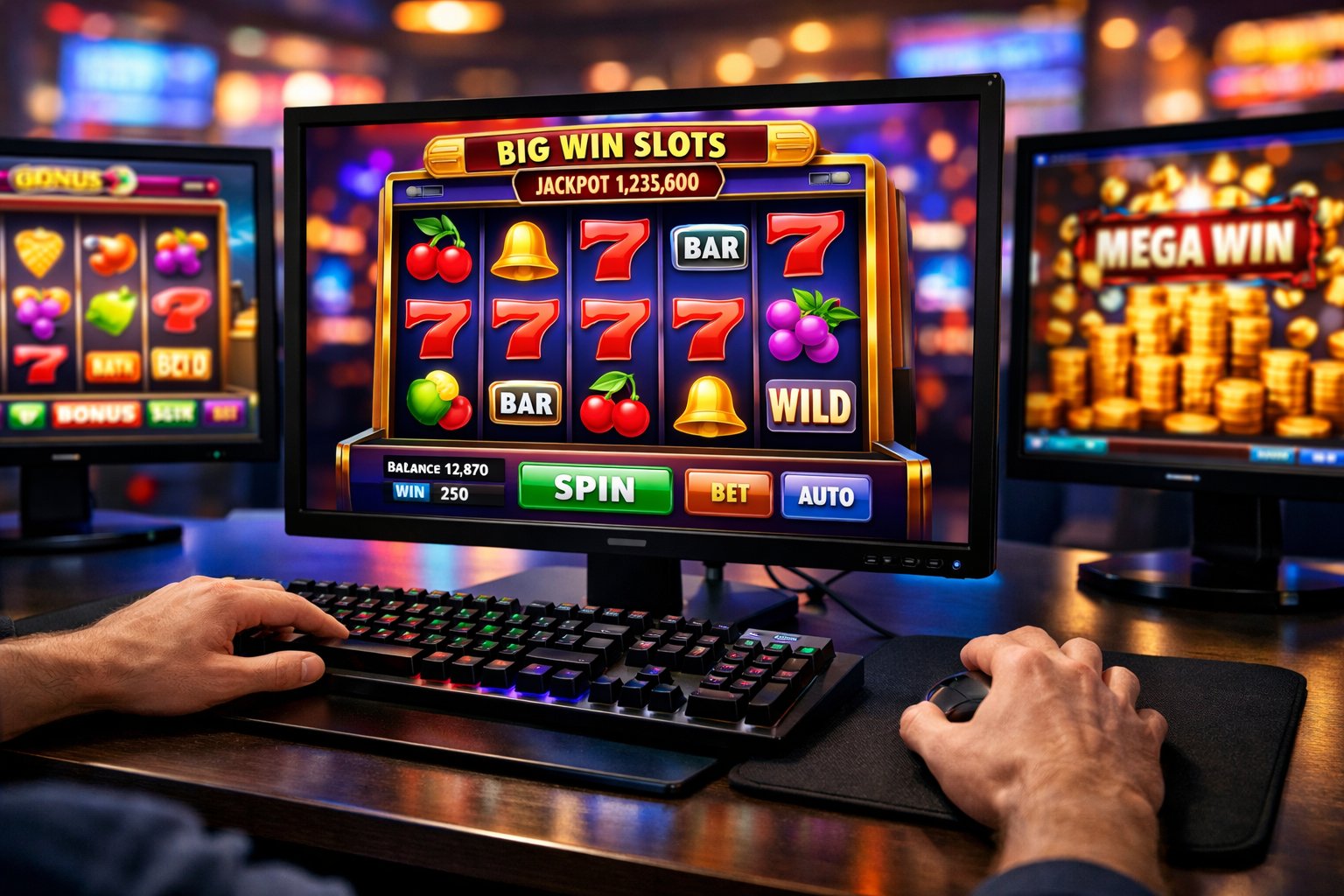 A person playing colorful slot machine games on multiple computer monitors in a modern gaming setup.