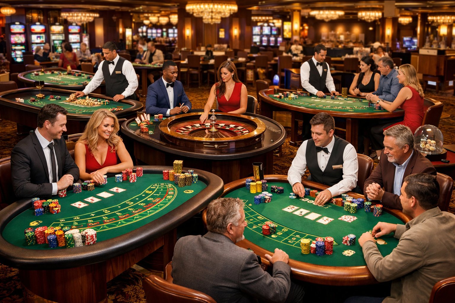 A casino floor with several tables where people are playing various popular casino games like blackjack, roulette, and poker.