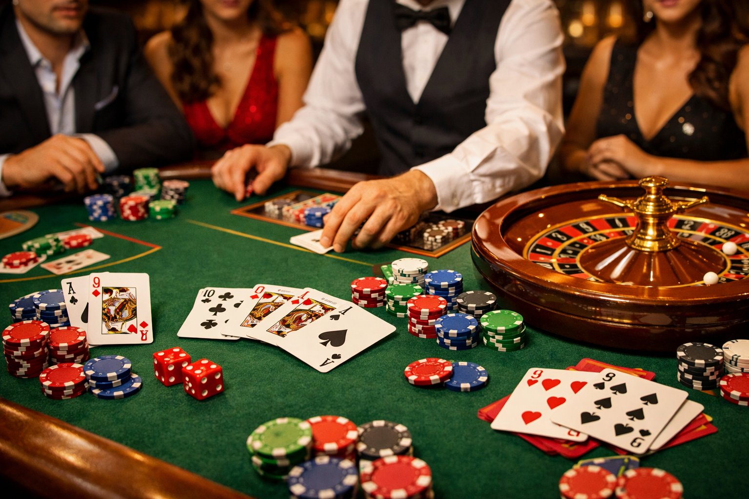 A casino table with chips, playing cards, dice, and a roulette wheel surrounded by players and a dealer.