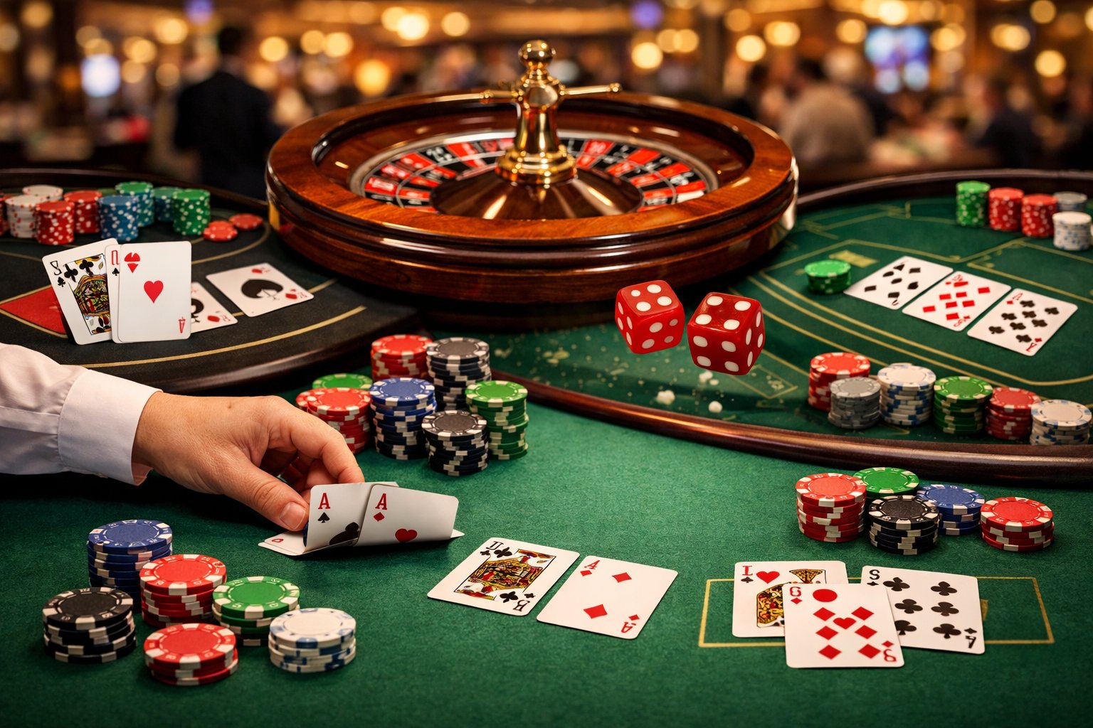 A lively casino scene showing poker, blackjack, roulette, craps, and baccarat tables with chips, cards, dice, and a spinning roulette wheel.