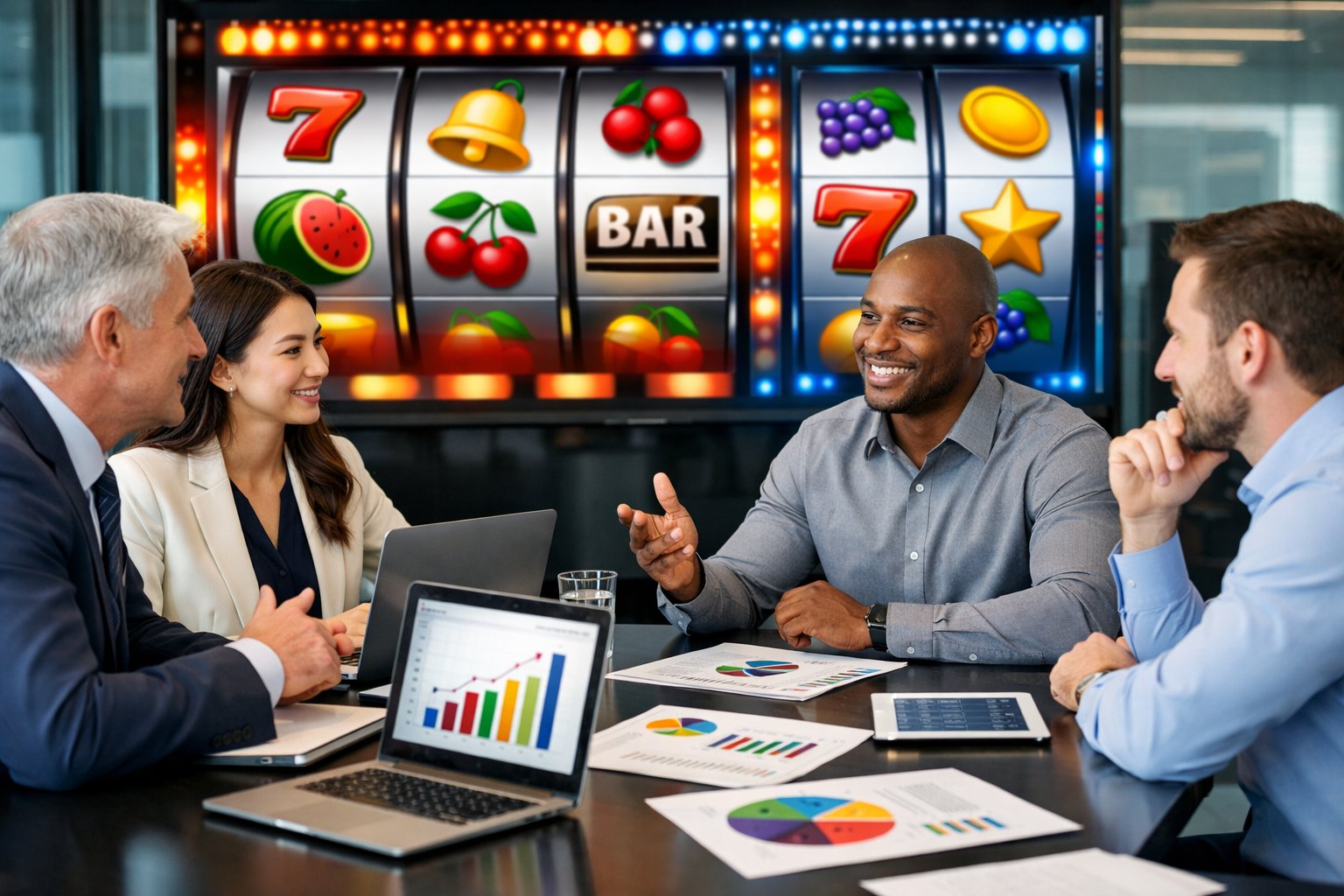 A group of business professionals collaborating around a conference table with laptops and charts, with digital slot machine graphics displayed on screens in the background.