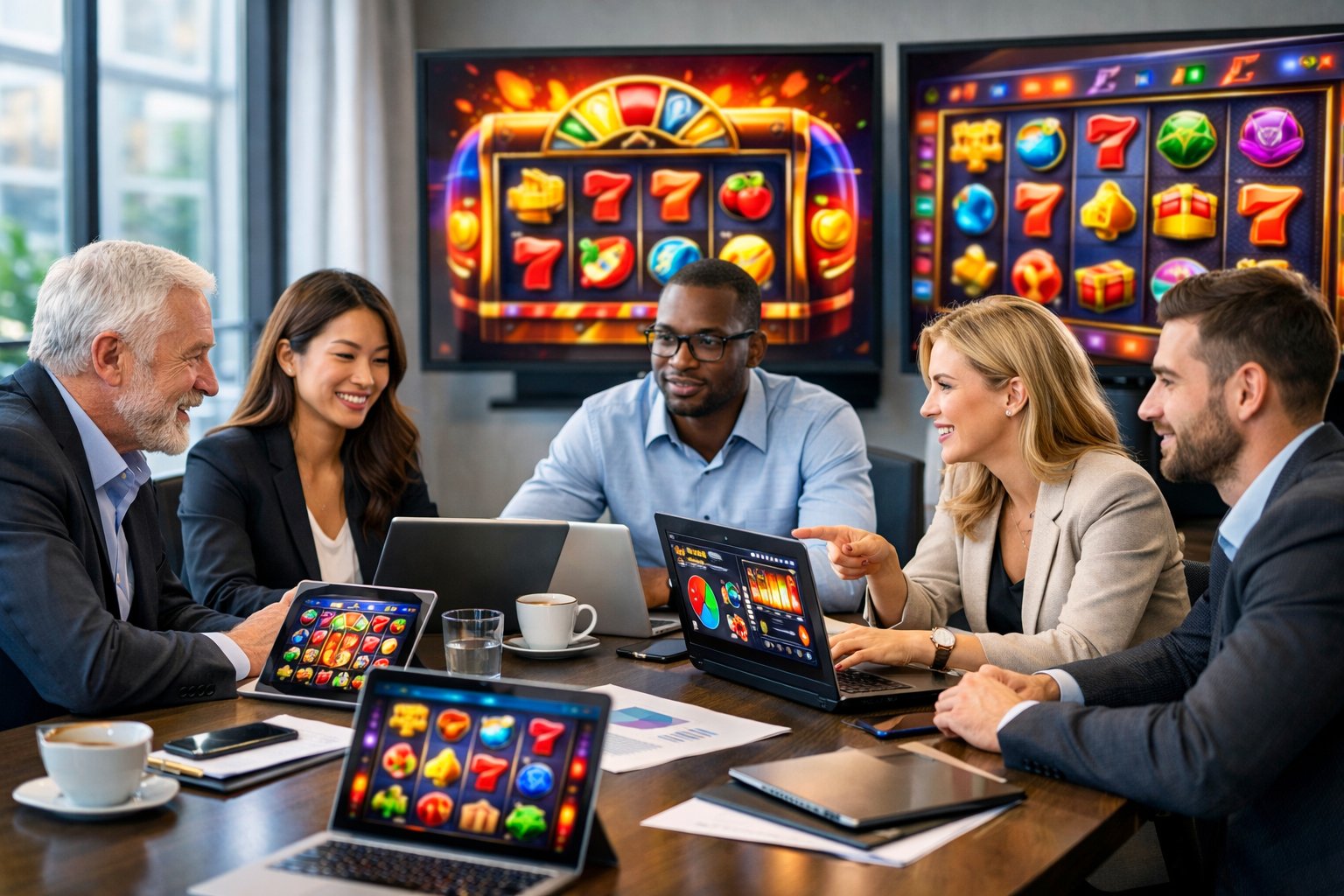 A group of business professionals in a modern office collaborating around a table with digital devices showing slot game graphics.