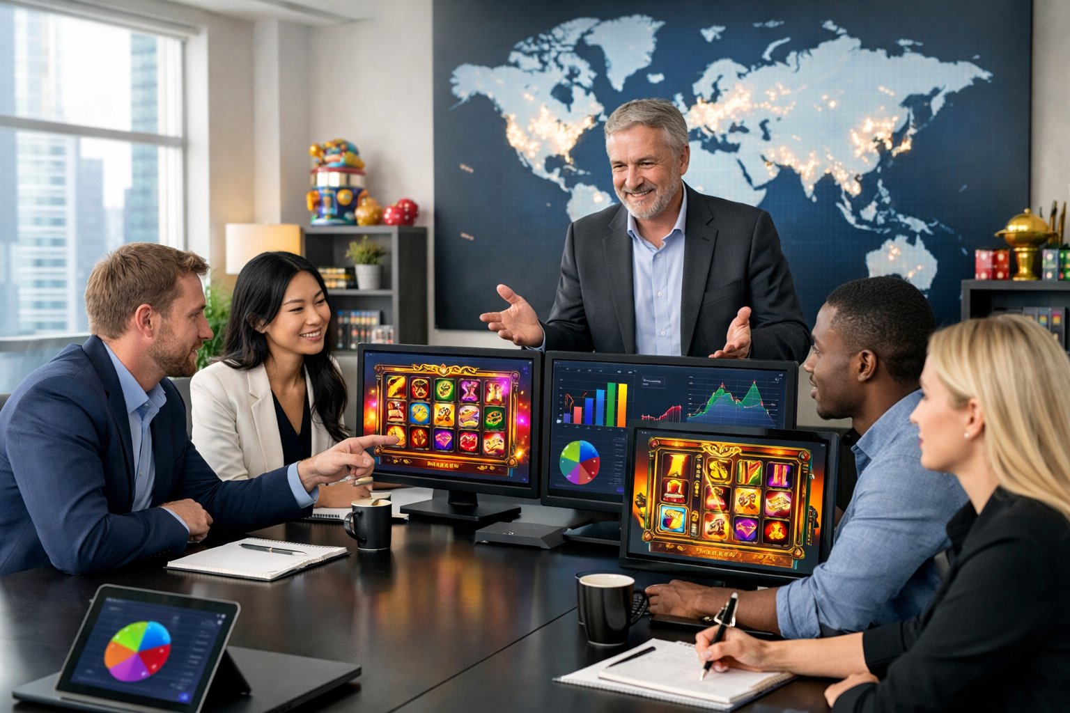 A group of business professionals collaborating around a conference table with computer monitors displaying slot game graphics in a bright modern office.