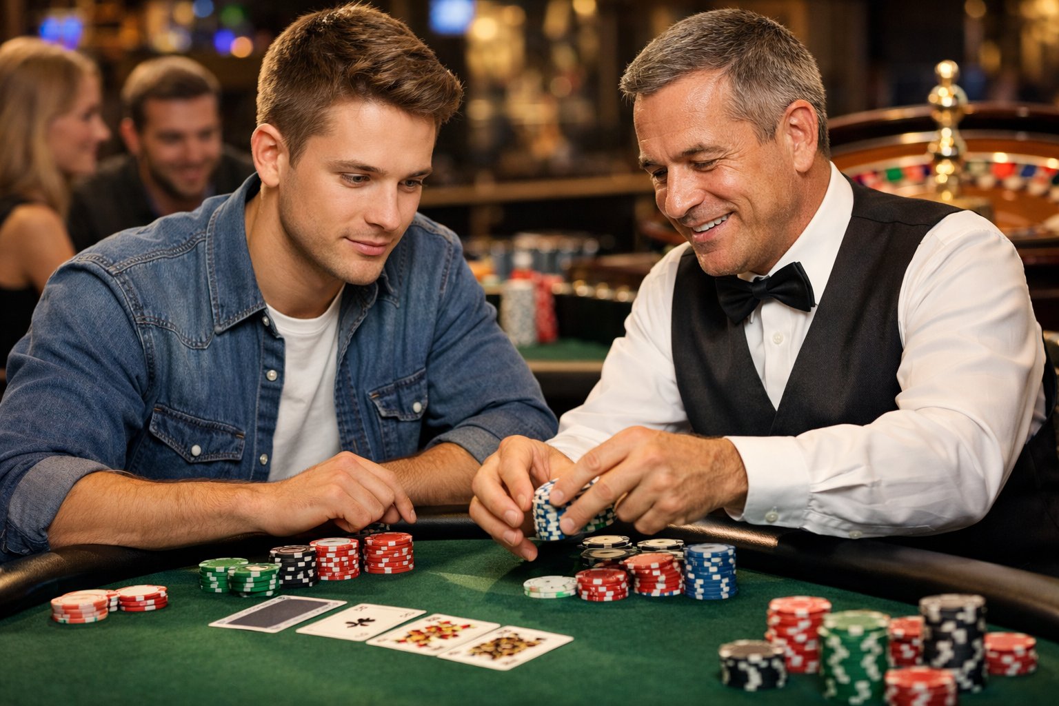 A young adult learning casino tricks at a table with poker chips and cards, guided by an experienced dealer in a casino setting.