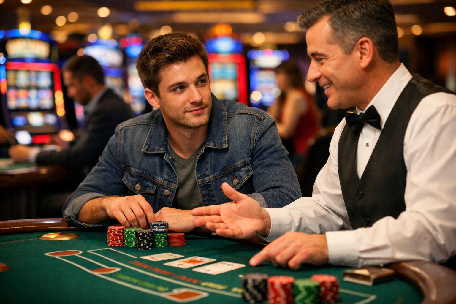 A young adult learning to play blackjack at a casino table with a dealer and colorful chips, surrounded by slot machines and other players.