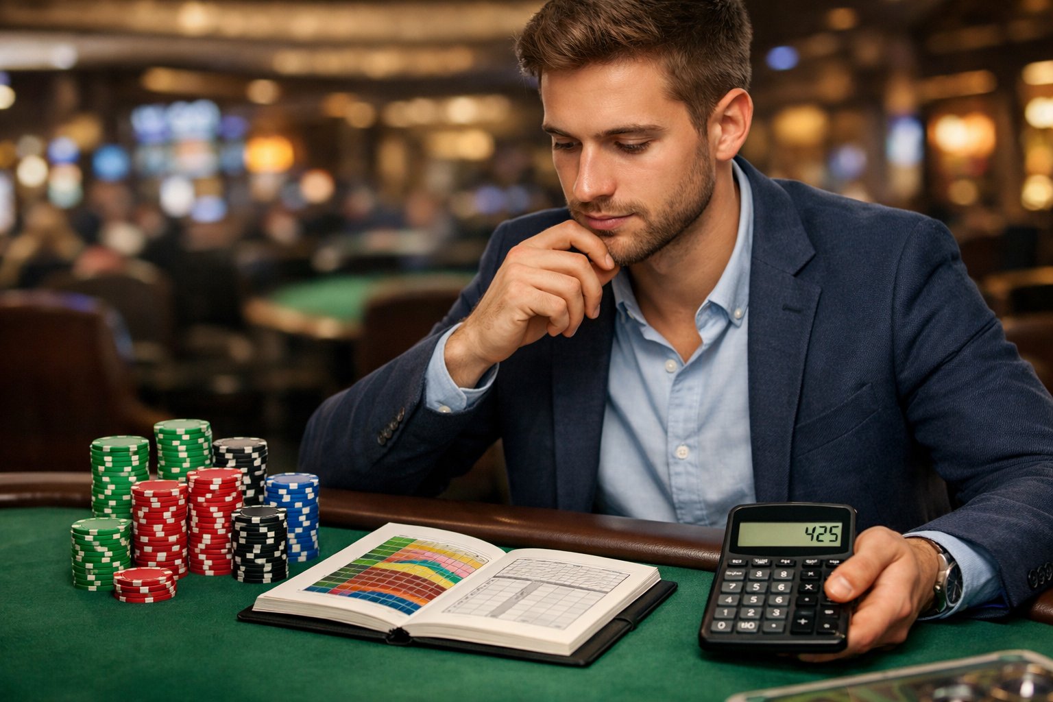 A person at a casino table with poker chips, a notebook, and a calculator, focusing on managing their money carefully.