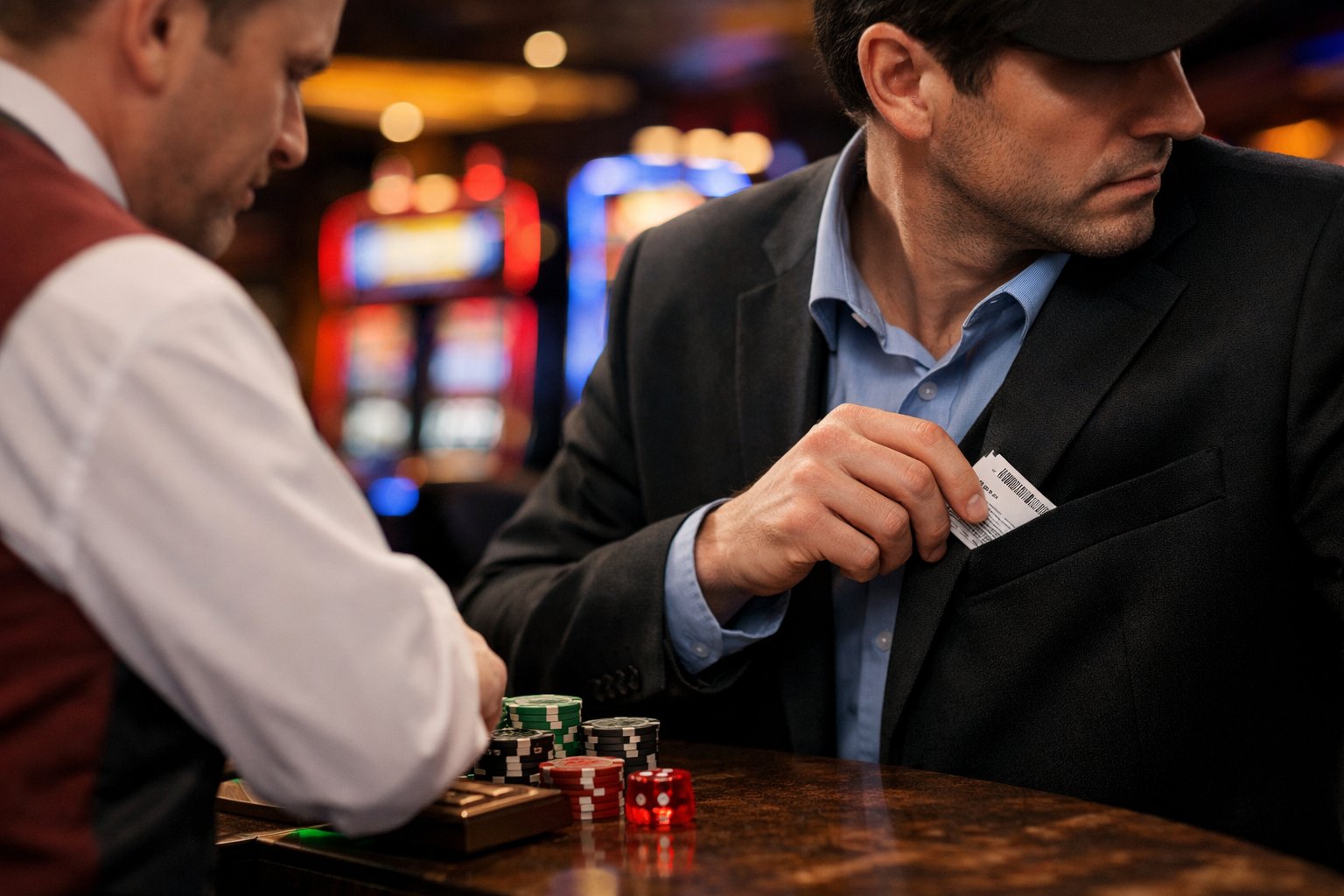 A person secretly stealing a casino voucher at a casino counter while a staff member is distracted.
