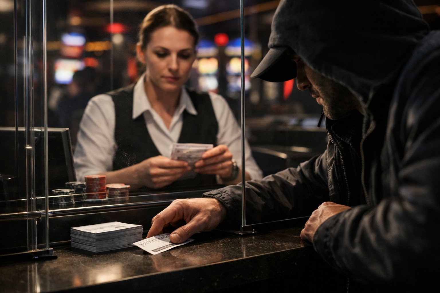 A casino cashier behind a glass counter carefully handling vouchers while a suspicious person tries to take a voucher discreetly.