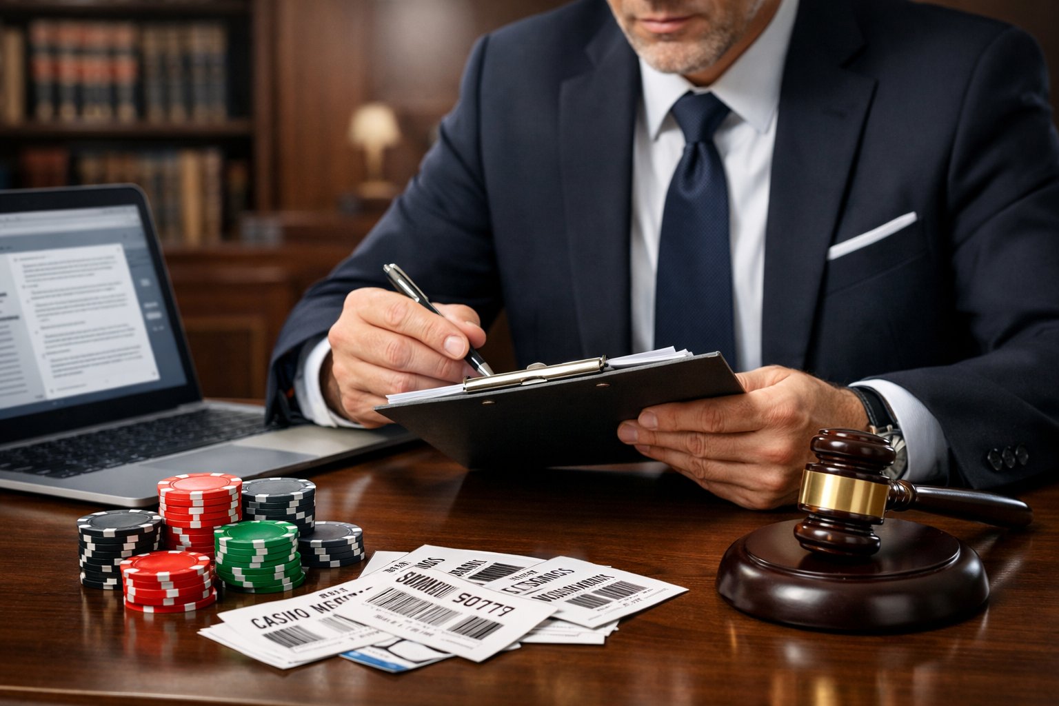 A lawyer reviewing documents about casino voucher theft in a modern office with casino chips and vouchers on the desk.