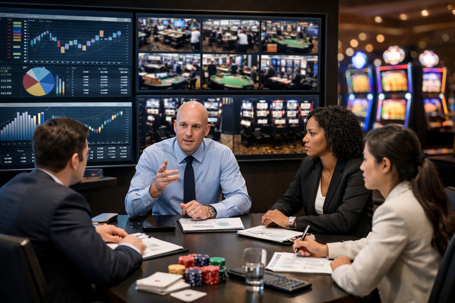 A group of casino managers reviewing financial data and surveillance footage in a control room with screens and gaming elements in the background.