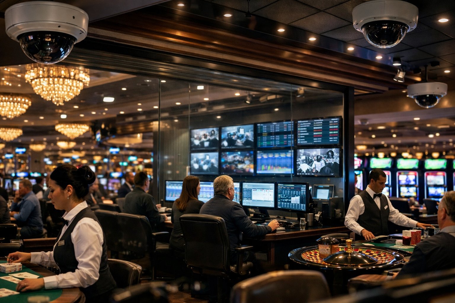 Casino floor with slot machines, gaming tables, staff working, security cameras, and a control room with people monitoring data.