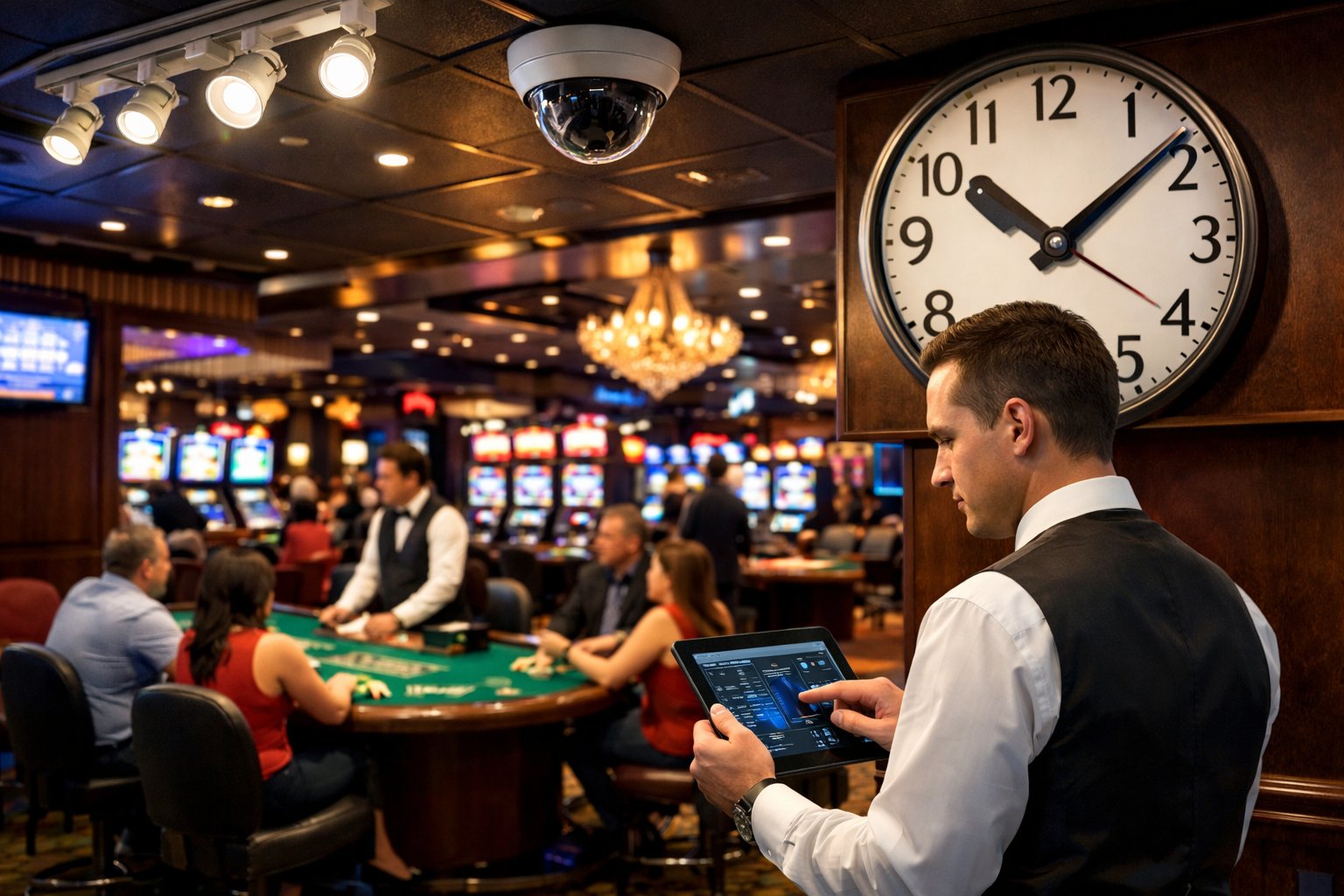 Interior of a casino with slot machines, gaming tables, a casino employee using a tablet, and a clock showing time.