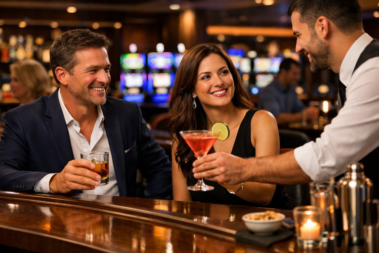 A man and woman sitting at a casino bar with drinks, a bartender serving a cocktail, and slot machines in the background.
