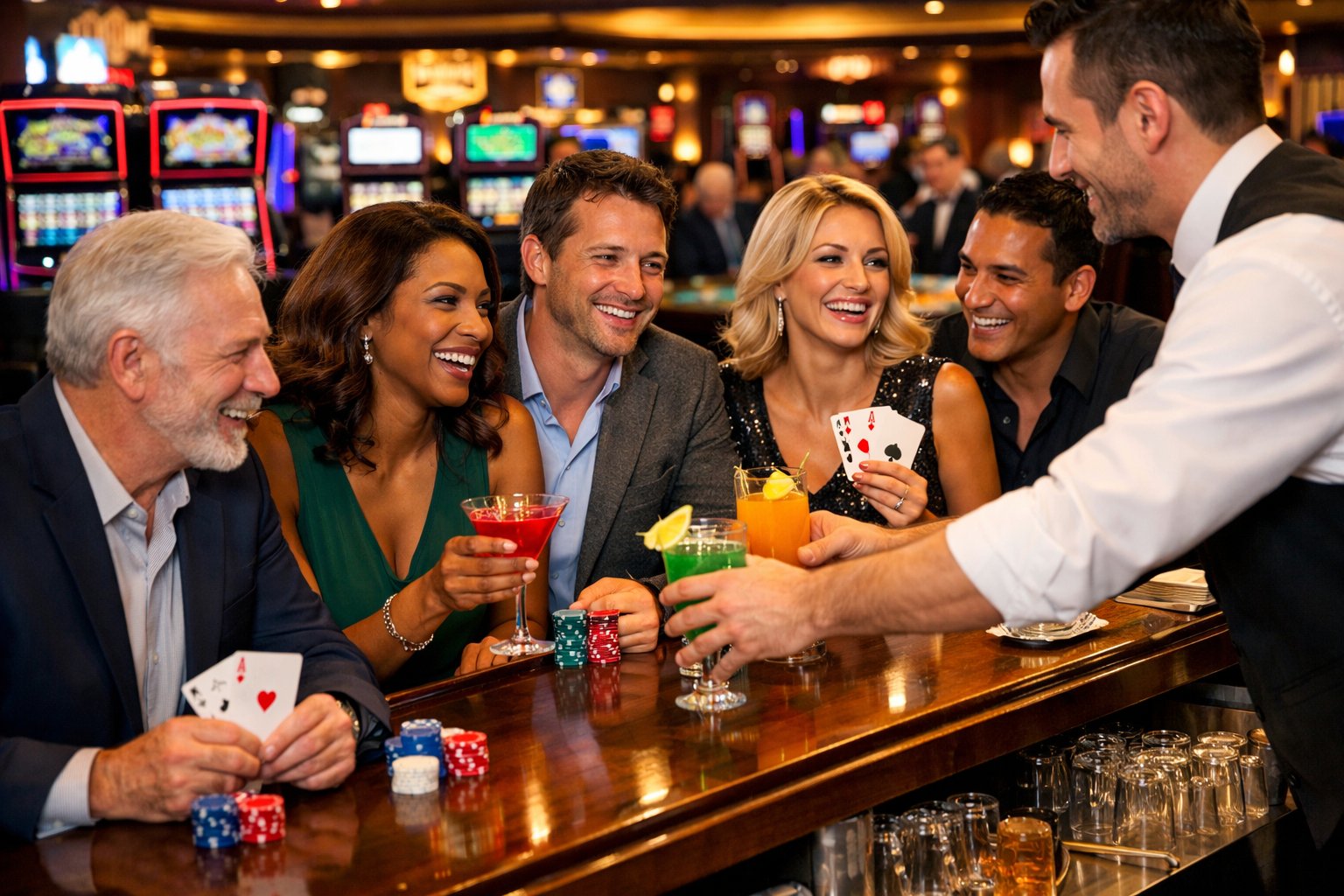 People enjoying drinks at a casino bar while gambling, with a bartender serving cocktails and slot machines in the background.