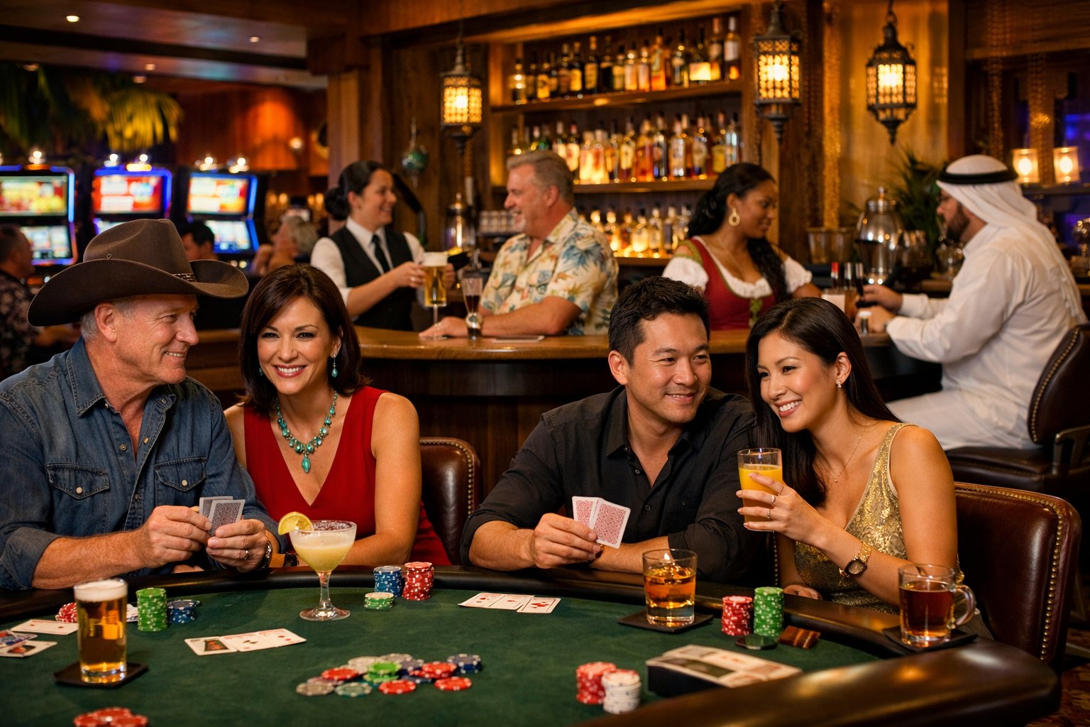 People gambling and socializing at a casino bar where bartenders serve complimentary drinks.