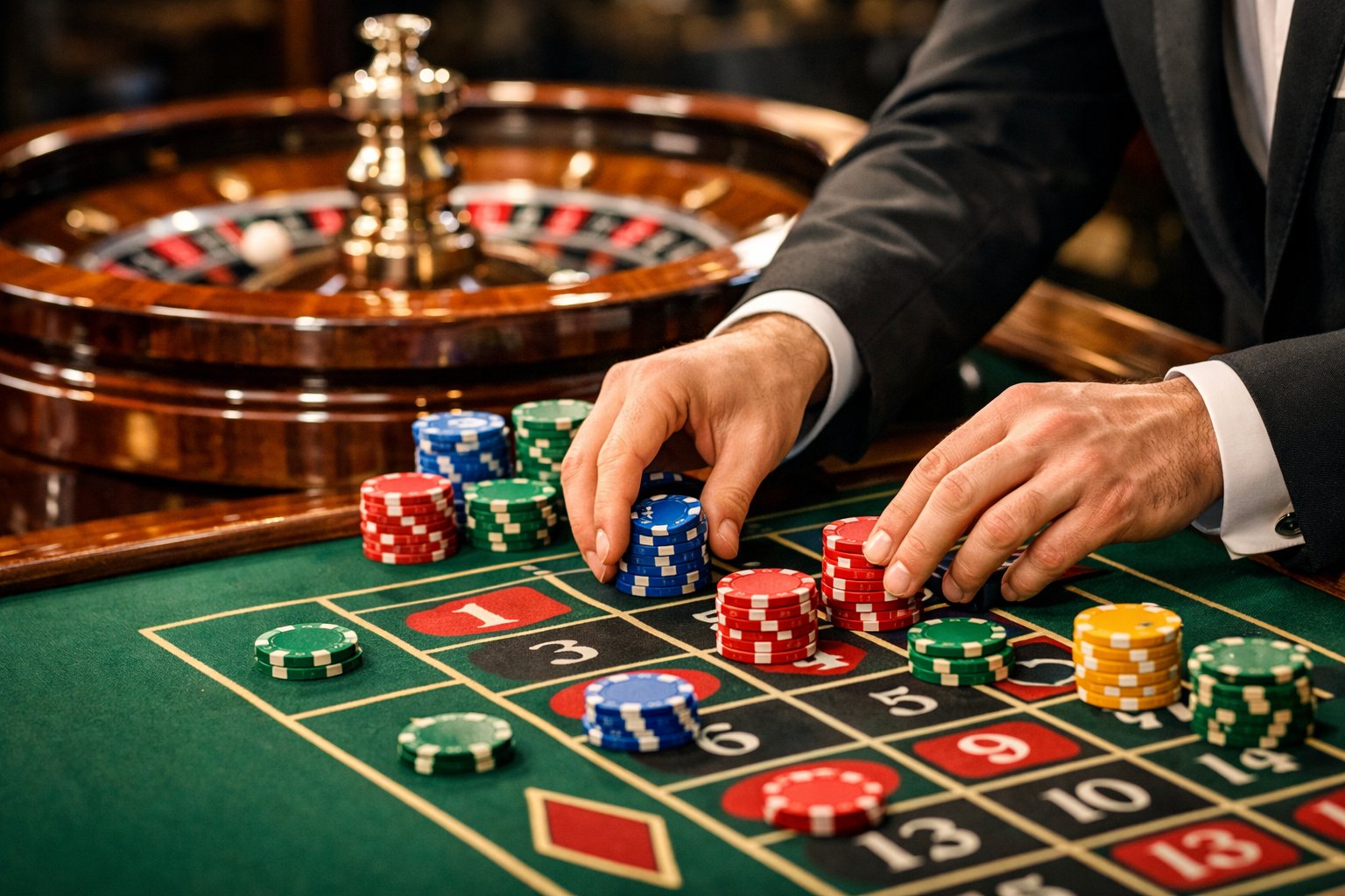 A person placing chips on a roulette table with a spinning roulette wheel in the background.