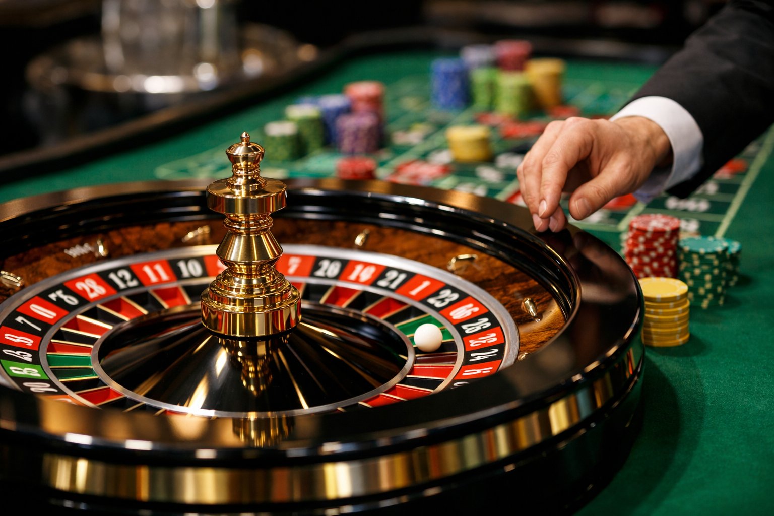Close-up of a roulette wheel spinning with chips placed on the betting layout and a dealer's hand nearby.