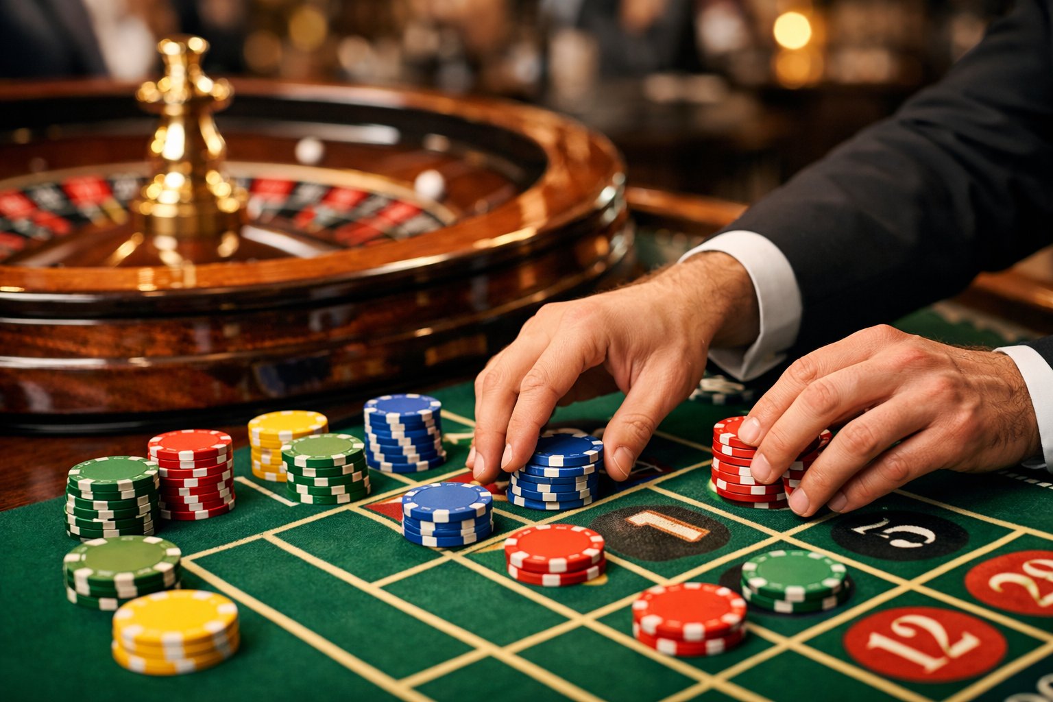A person placing chips on a roulette table with the roulette wheel spinning in the background.