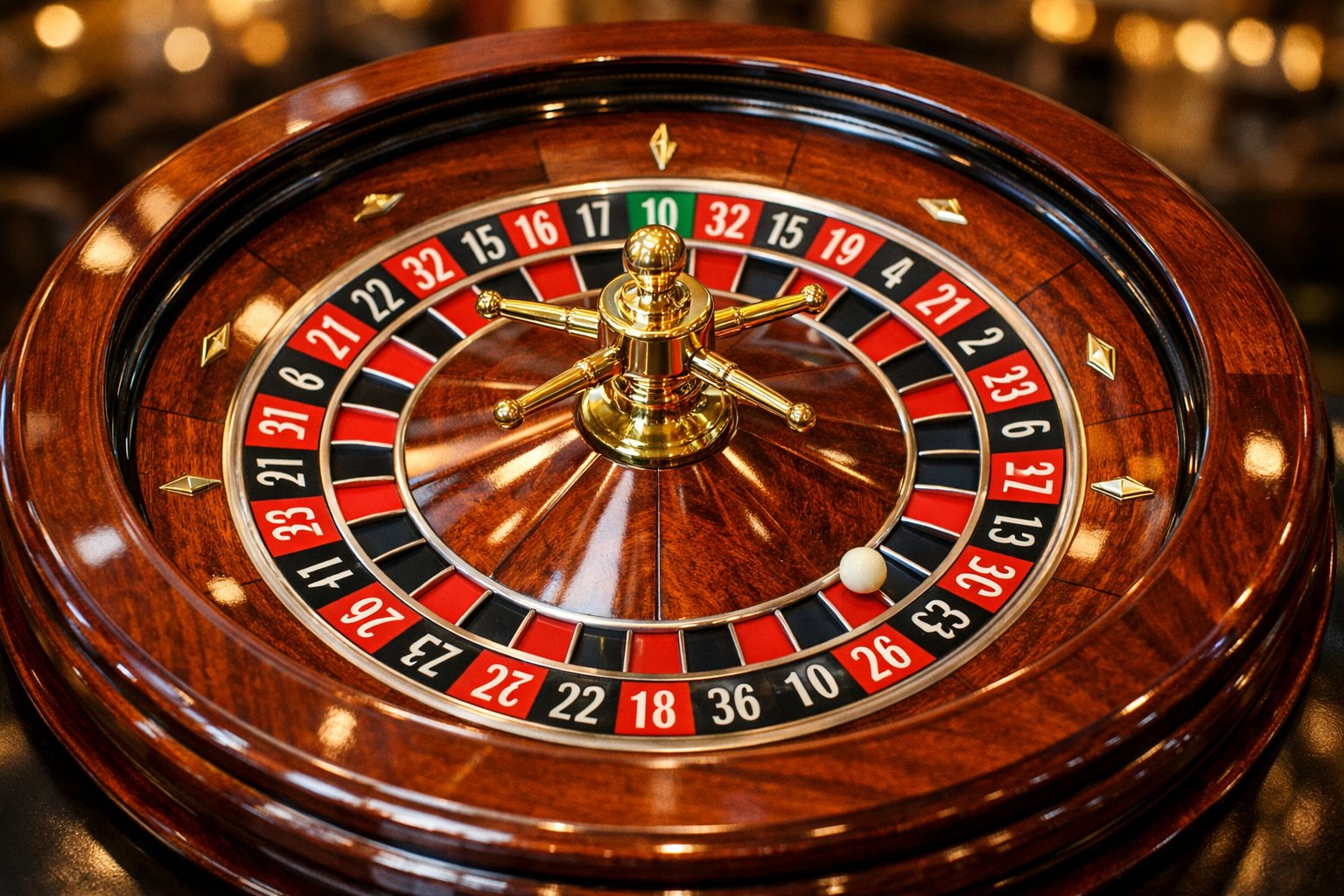 A top-down view of a roulette wheel showing numbered red, black, and green pockets with a ball resting on one of them.