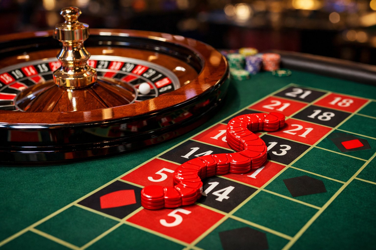A roulette table with a red snake-shaped betting marker placed on a sequence of red numbers on the betting layout, with the roulette wheel spinning in the background.