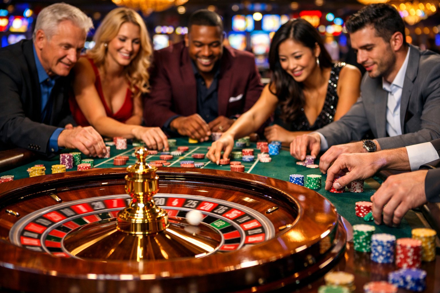 People gathered around a roulette table in a busy casino placing bets as the roulette wheel spins.