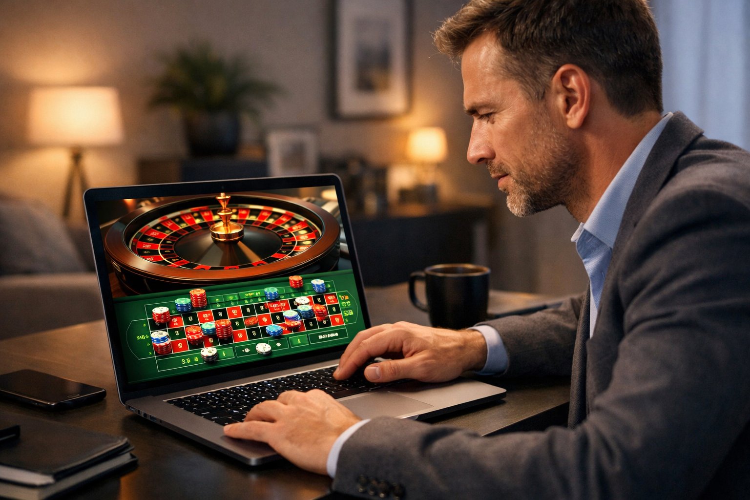 A man playing online roulette on a laptop at a desk, concentrating on the game.