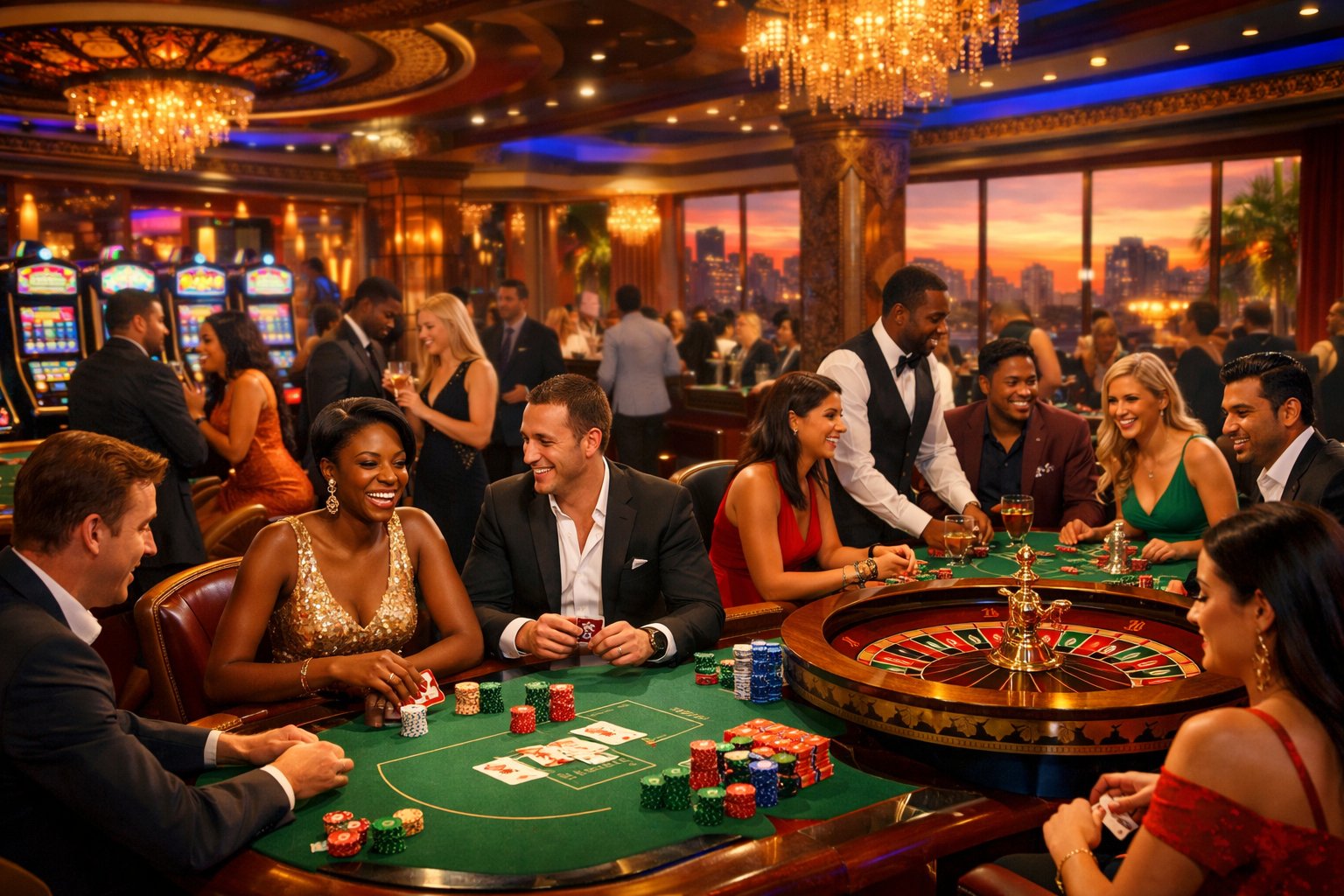 People playing poker, roulette, and slot machines inside a lively South African casino with colorful lighting and elegant decor.
