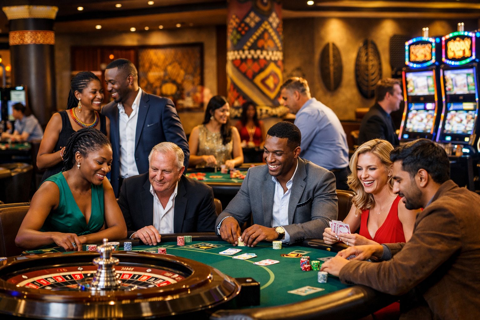 People playing casino games like poker and slot machines inside a modern casino in South Africa.