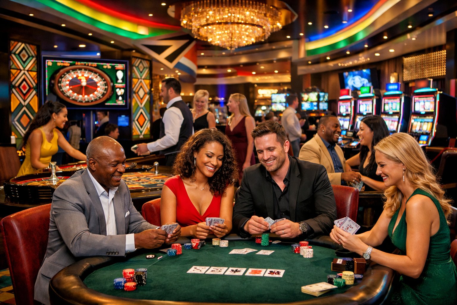 People enjoying casino games like poker and roulette inside a modern casino with South African cultural decorations.