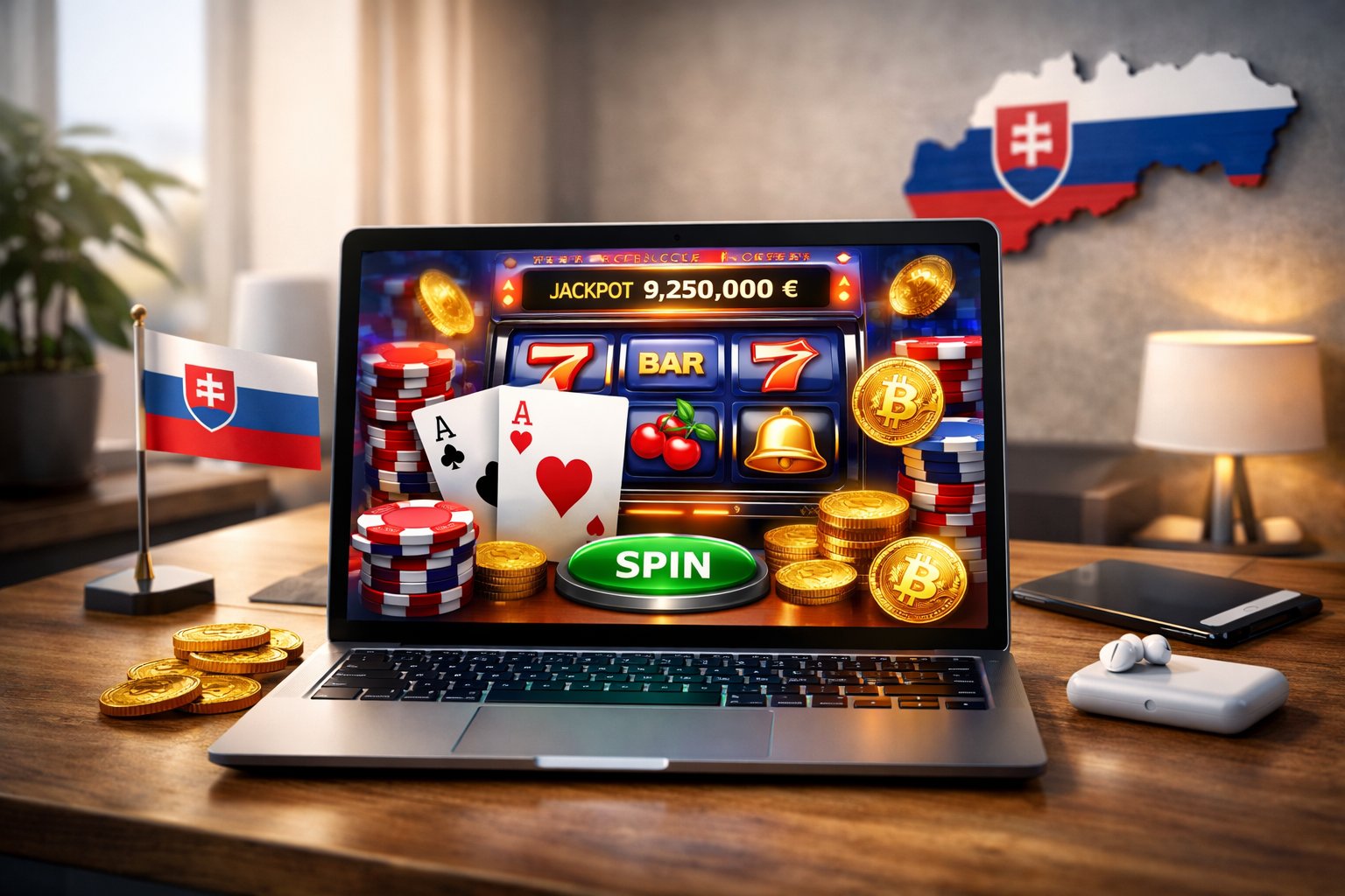 A modern workspace with a laptop showing an online casino game interface and subtle Slovak-themed elements in the background.