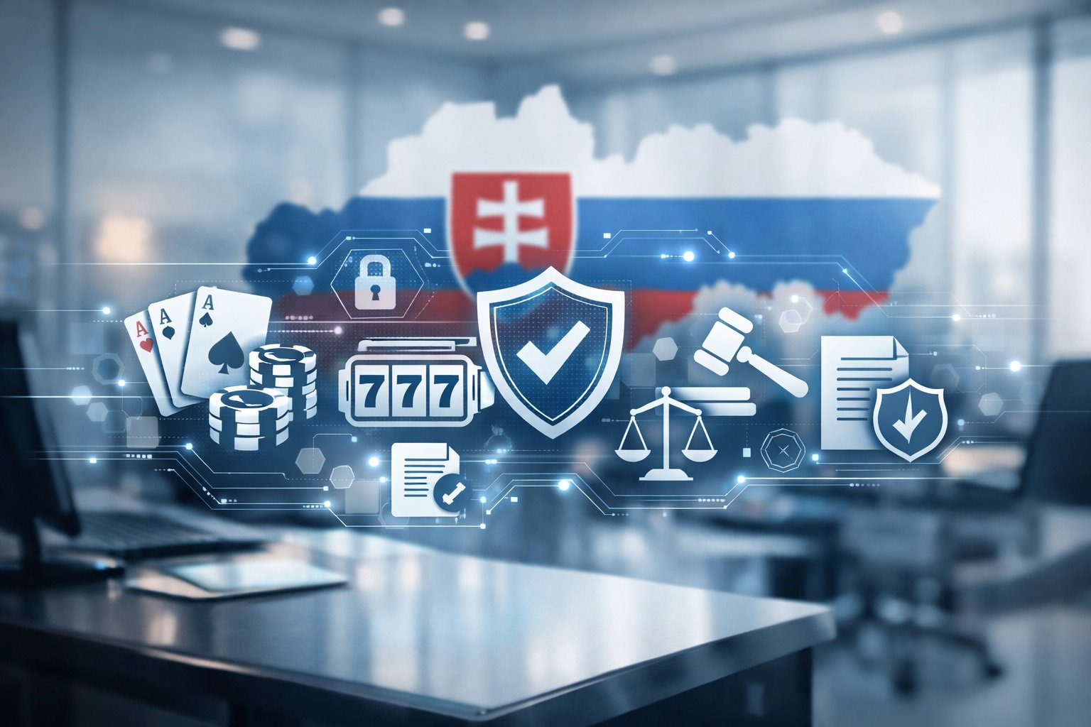 A modern office scene with digital casino icons and security symbols overlaid, with a faint outline of Slovakia in the background.