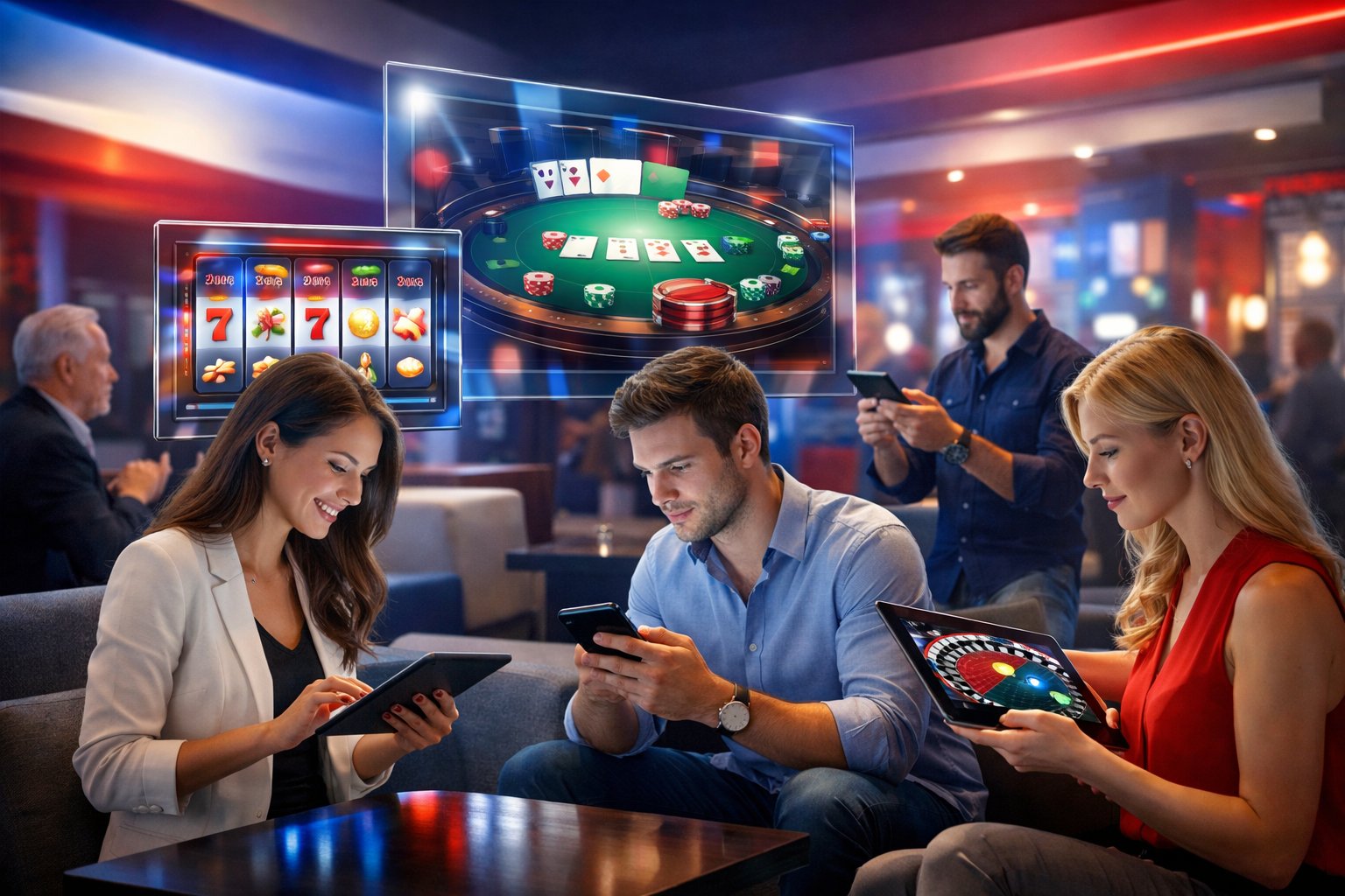 A group of people using tablets and smartphones to play online casino games in a modern tech lounge with Slovak flag colors subtly in the background.