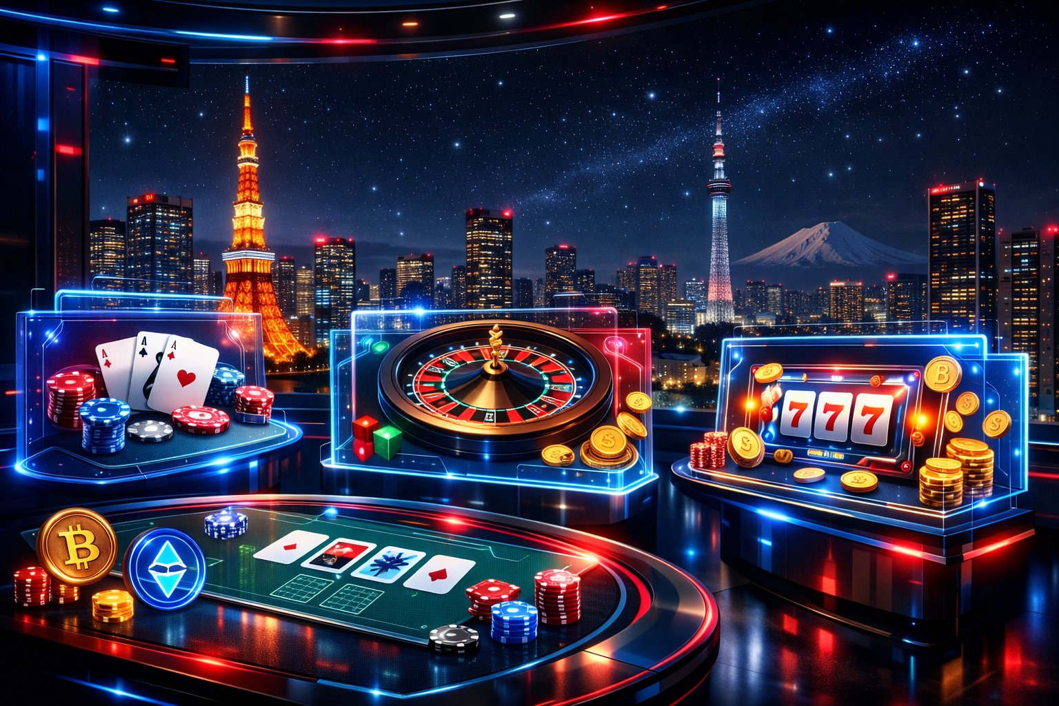 A futuristic online casino interface with holographic game screens and Tokyo skyline at night in the background.