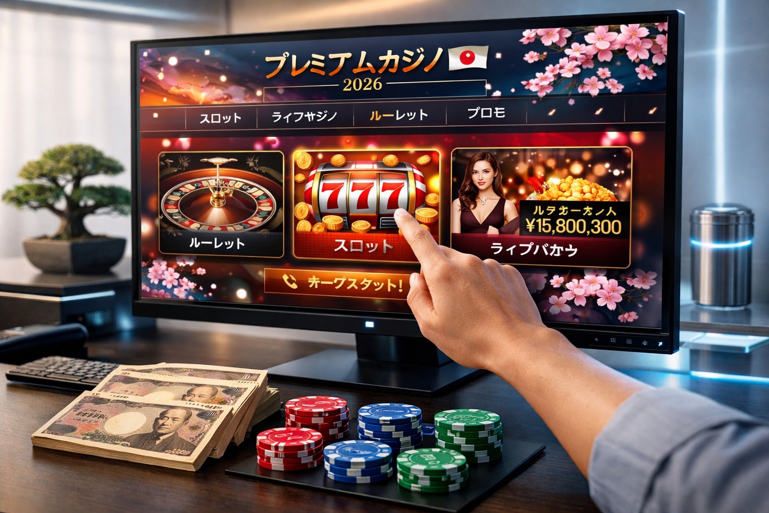 A person using a computer displaying an online casino interface with Japanese-themed elements, surrounded by yen banknotes and casino chips on a desk.