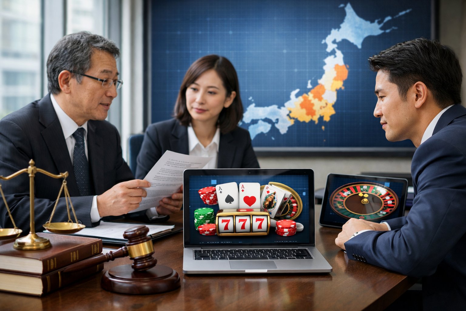 Japanese professionals discussing legal documents and digital devices in an office with a digital map of Japan in the background.