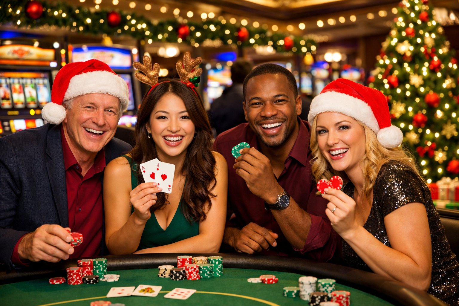 A festive casino scene with people enjoying games near decorated tables and a Christmas tree with lights and presents.