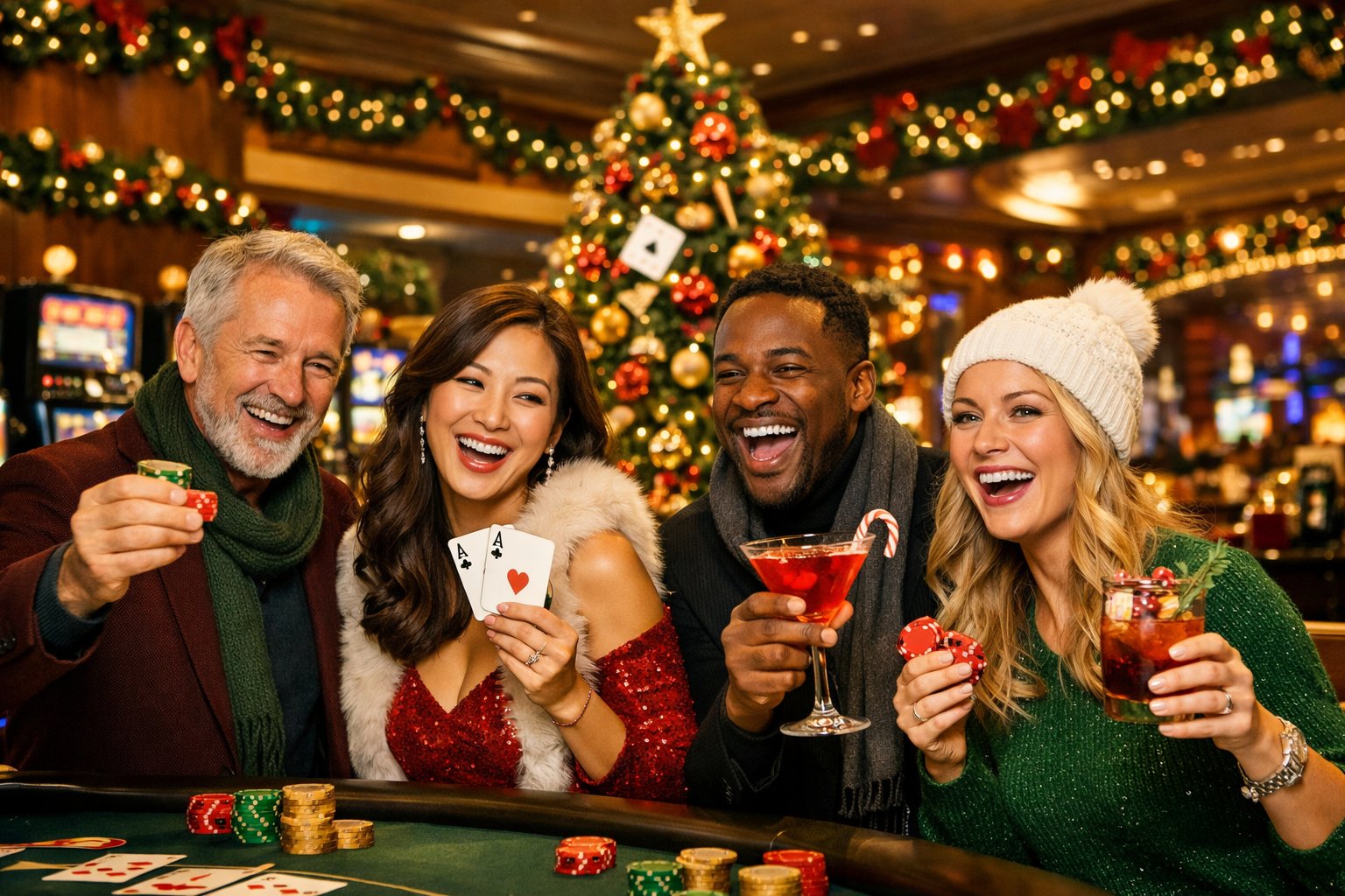 People enjoying a festive casino decorated with Christmas ornaments, lights, and a large Christmas tree, celebrating with playing cards and chips.